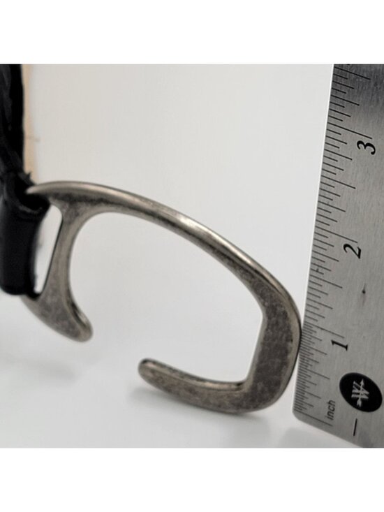 Black Embossed Leather Belt With Silver-Tone Horseshoe Buckle Adjustable Design main image 10